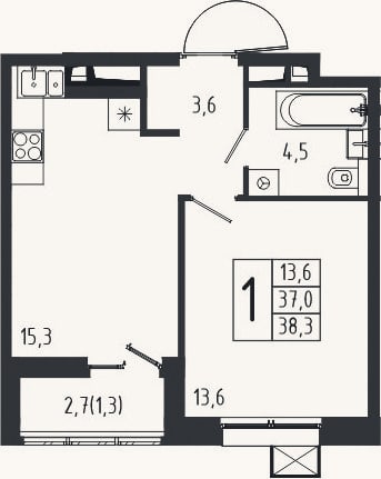 Планировка: 1-к, 37 м²