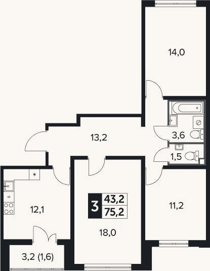 Планировка: 3-к, 73,6 м²