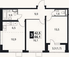 Планировка: 3-к, 64,4 м²