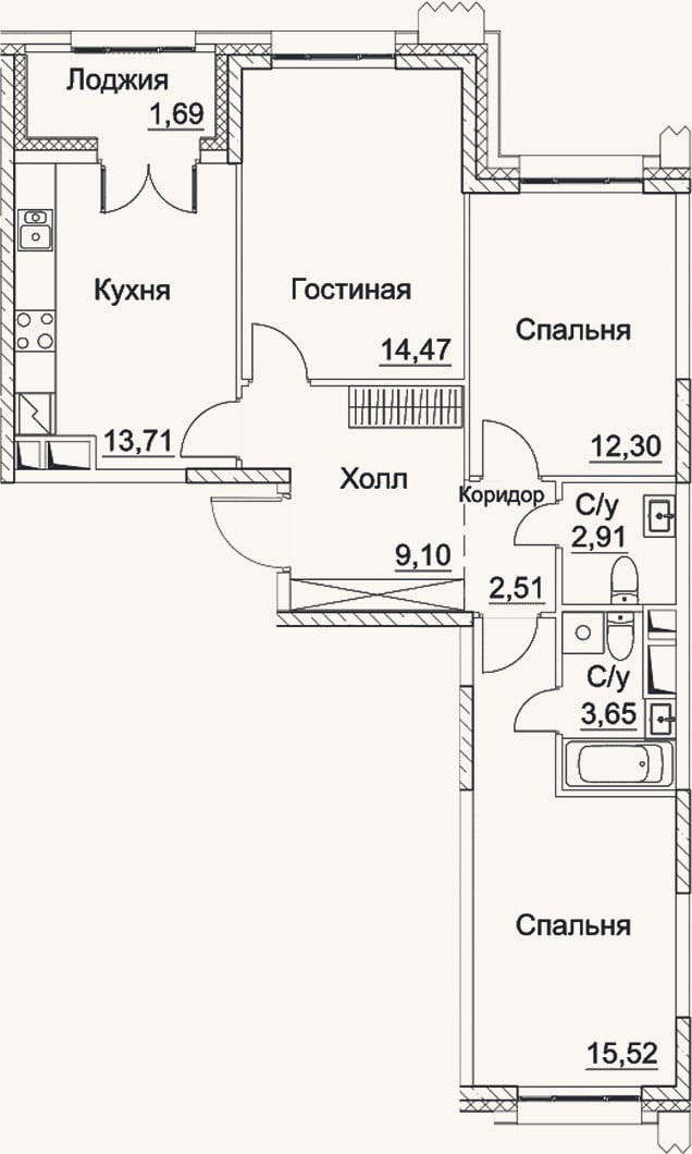 Планировка: 3-к, 74,2 м²