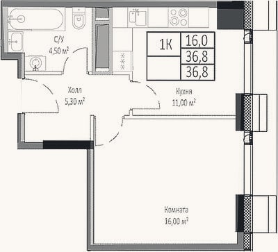 Планировка: 1-к, 36,8 м²