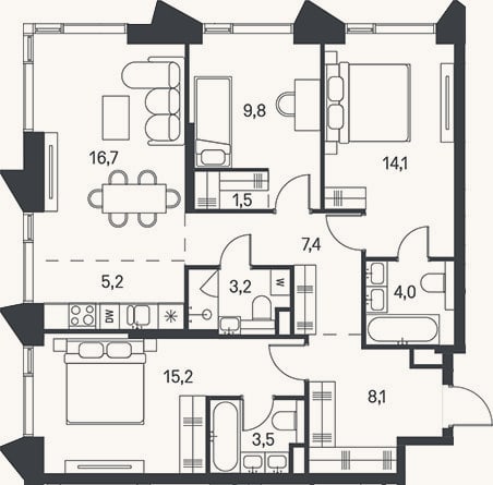 Планировка: 4+ к, 88,7 м²