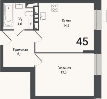Планировка: 1-к, 38,5 м²