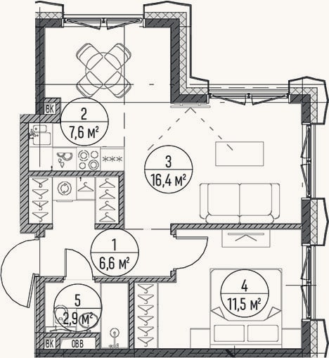 Планировка: 2-к, 45 м²