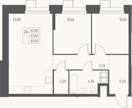 Планировка: 3-к, 61,8 м²