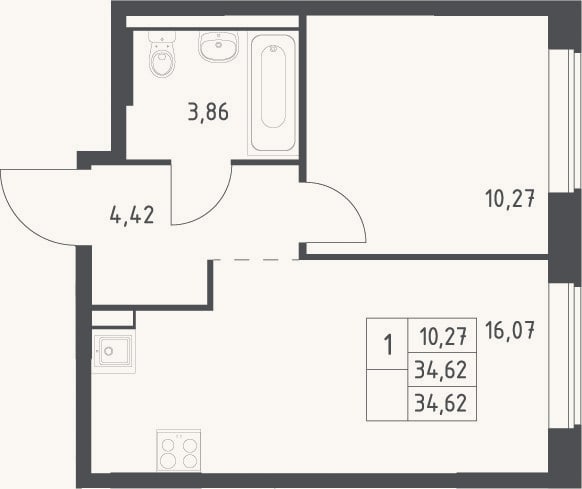 Планировка: 2-к, 34,6 м²