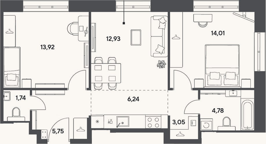 Планировка: 3-к, 62,4 м²