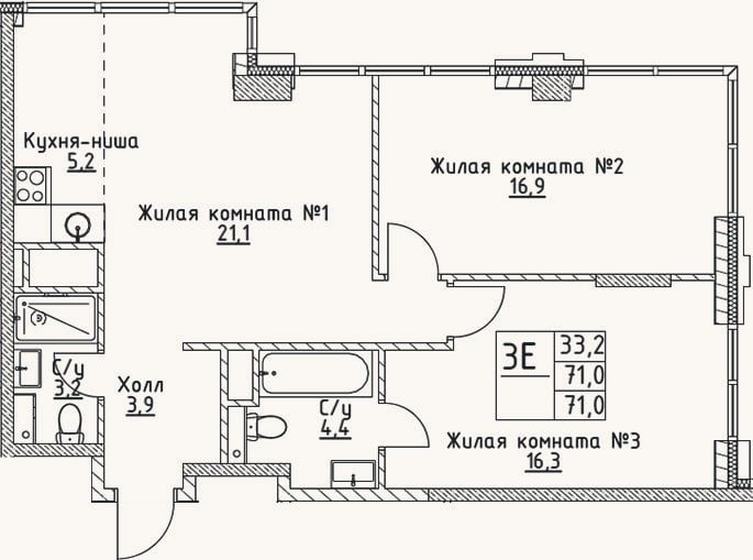 Планировка: 3-к, 71 м²