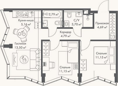 Планировка: 3-к, 56,9 м²