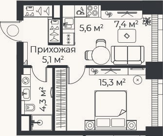Планировка: 2-к, 37,7 м²