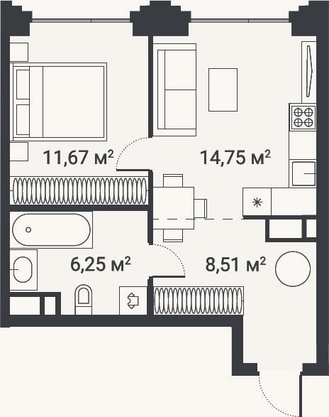 Планировка: 1-к, 41,2 м²