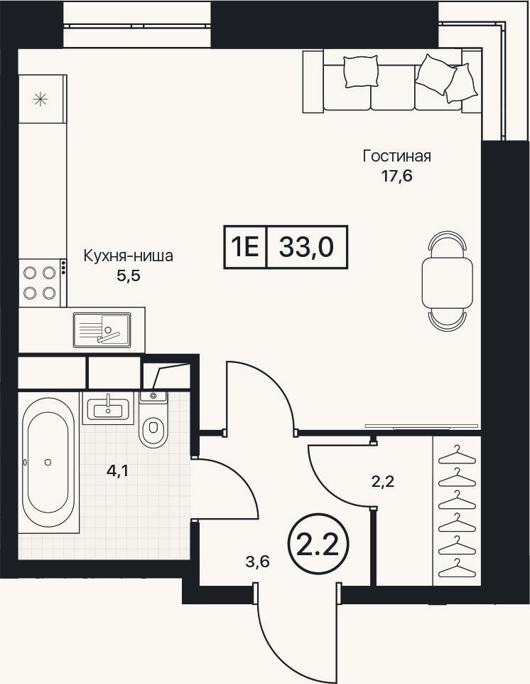 Планировка: Студия, 33 м²
