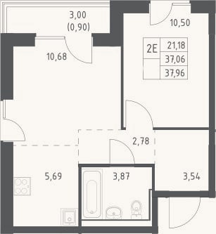 Планировка: 2-к, 37,1 м²