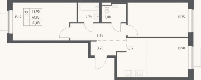 Планировка: 3-к, 61,8 м²