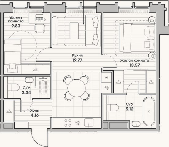 Планировка: 2-к, 55,8 м²