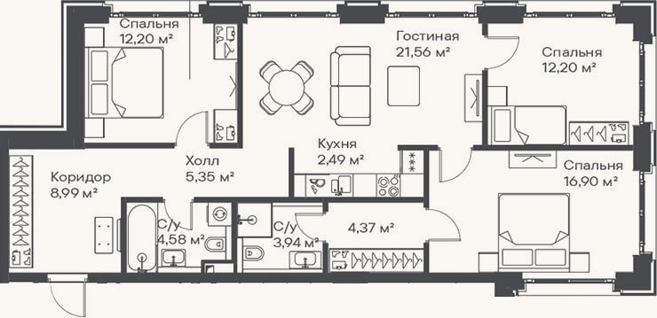 Планировка: 4+ к, 92,6 м²