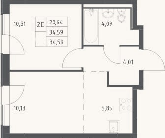 Планировка: 2-к, 34,6 м²