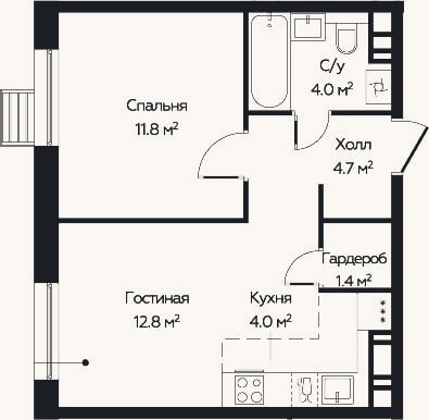 Планировка: 2-к, 37,2 м²