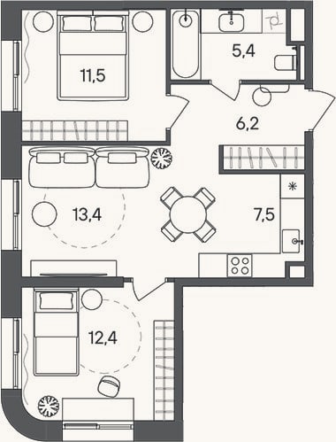 Планировка: 3-к, 56,4 м²