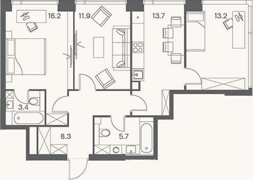 Планировка: 3-к, 72,4 м²