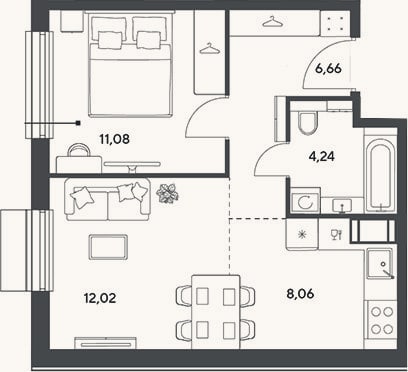 Планировка: 2-к, 42,1 м²