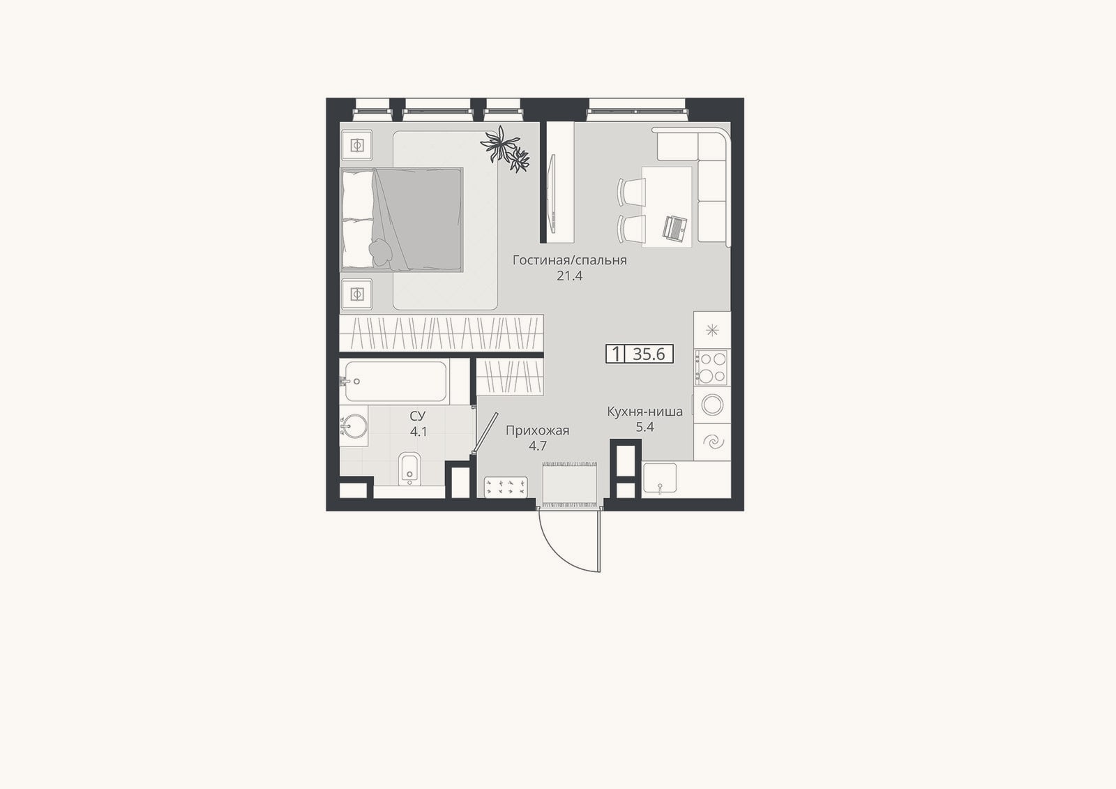 Планировка: 1-к, 35,6 м²