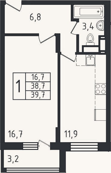 Планировка: 1-к, 38,3 м²