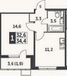 Планировка: 1-к, 32,6 м²