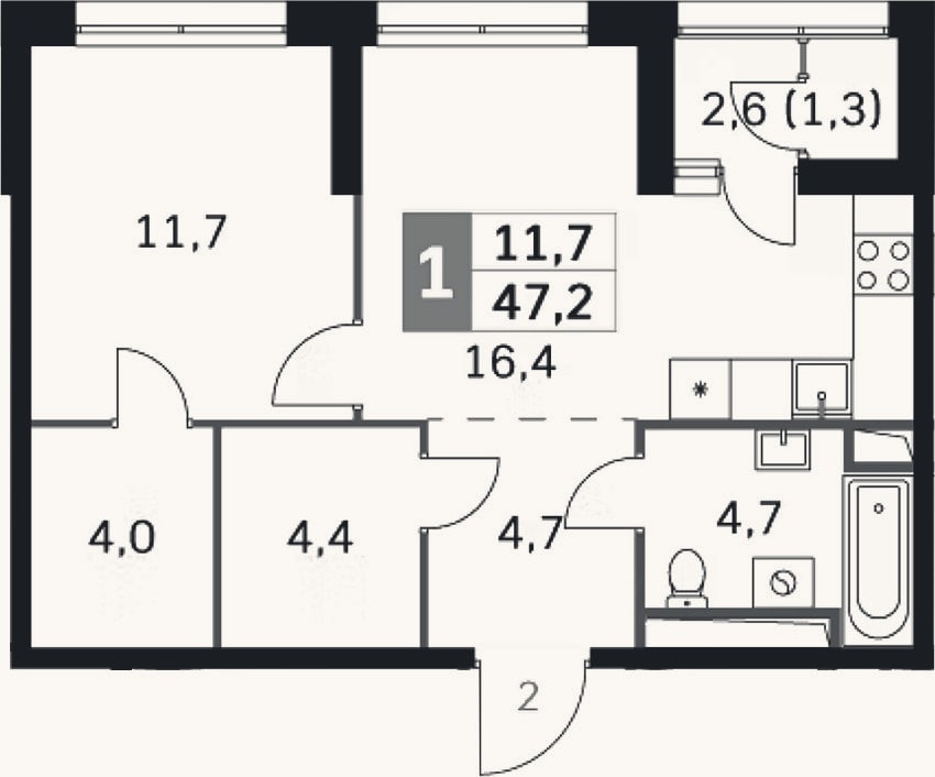 Планировка: 2-к, 45,9 м²