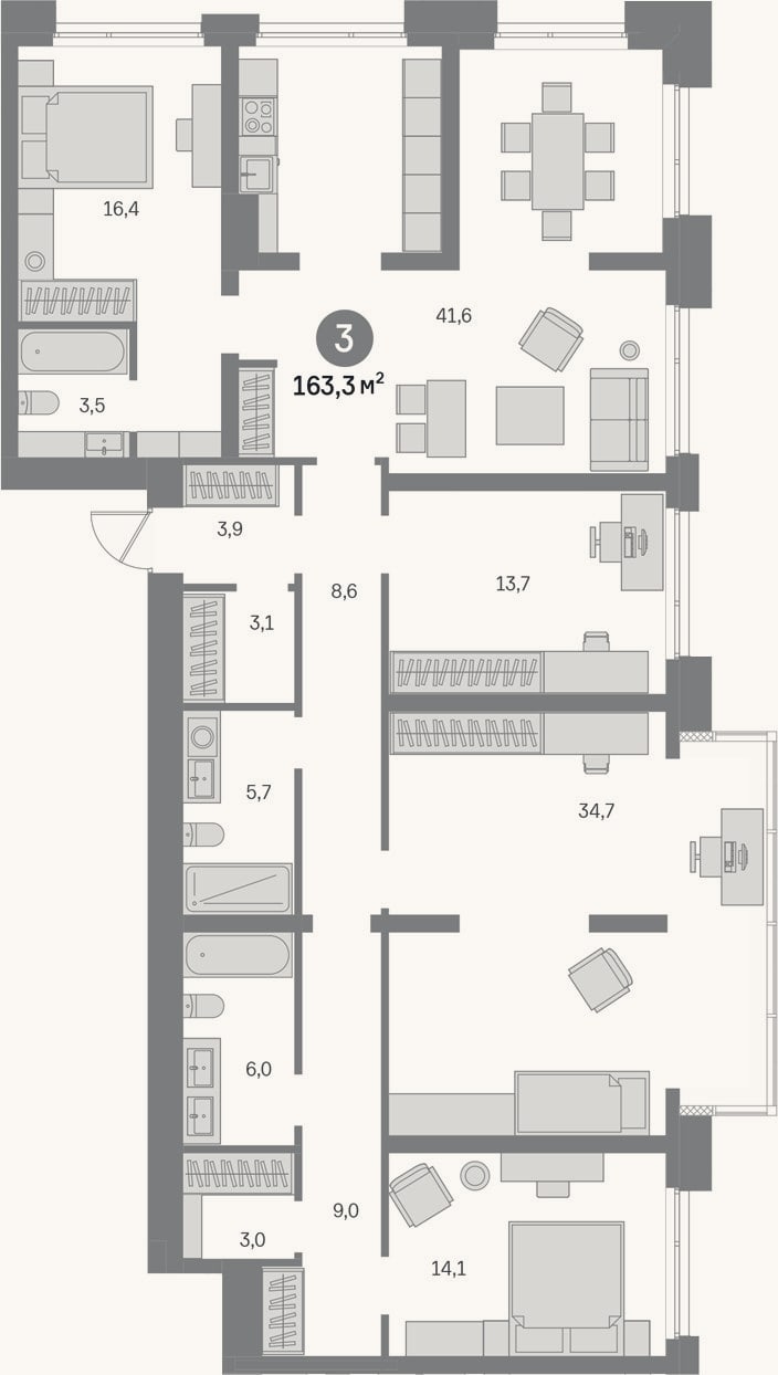 Планировка: 4+ к, 163,3 м²