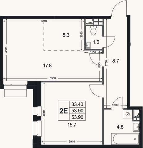 Планировка: 2-к, 53,9 м²