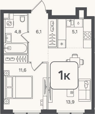 Планировка: 2-к, 41,5 м²