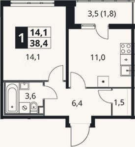 Планировка: 1-к, 36,6 м²
