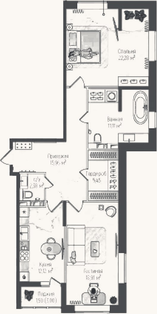 Планировка: 2-к, 88,2 м²