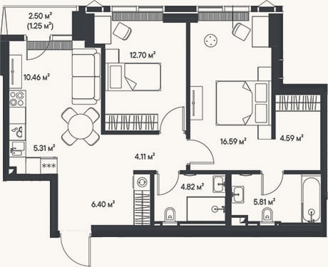 Планировка: 3-к, 70,8 м²
