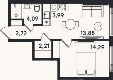 Планировка: 2-к, 41,2 м²