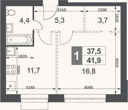 Планировка: 1-к, 41,9 м²