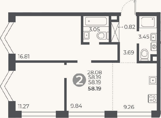 Планировка: 2-к, 58,2 м²