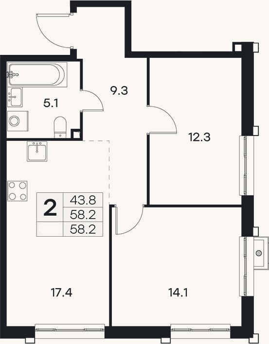 Планировка: 3-к, 58,2 м²