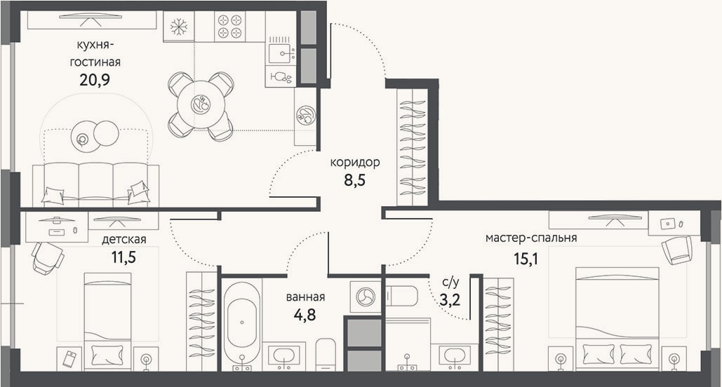 Планировка: 2-к, 64 м²