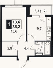 Планировка: 1-к, 34,5 м²