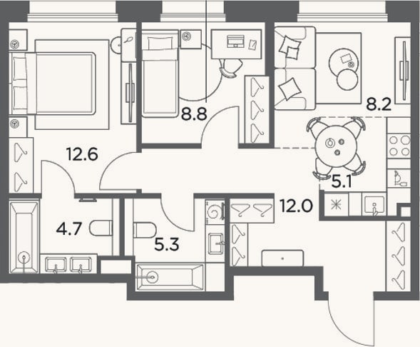 Планировка: 3-к, 56,7 м²
