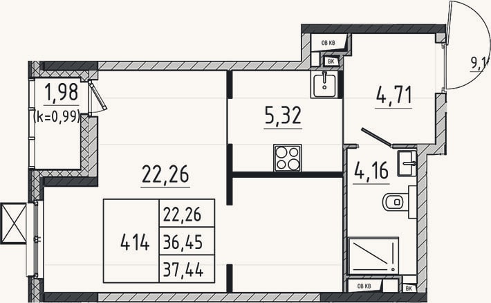 Планировка: Студия, 36,5 м²