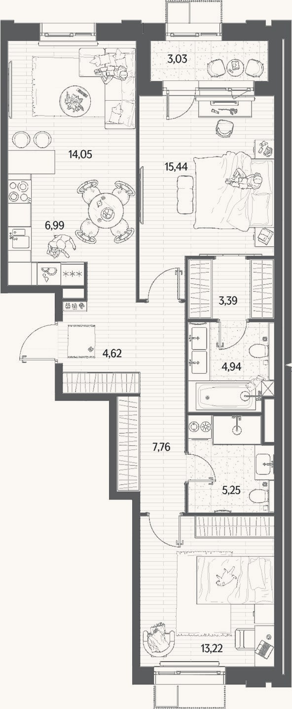 Планировка: 3-к, 75,7 м²