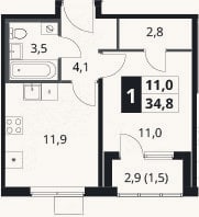 Планировка: 1-к, 33,3 м²