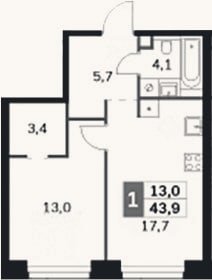 Планировка: 1-к, 43,9 м²