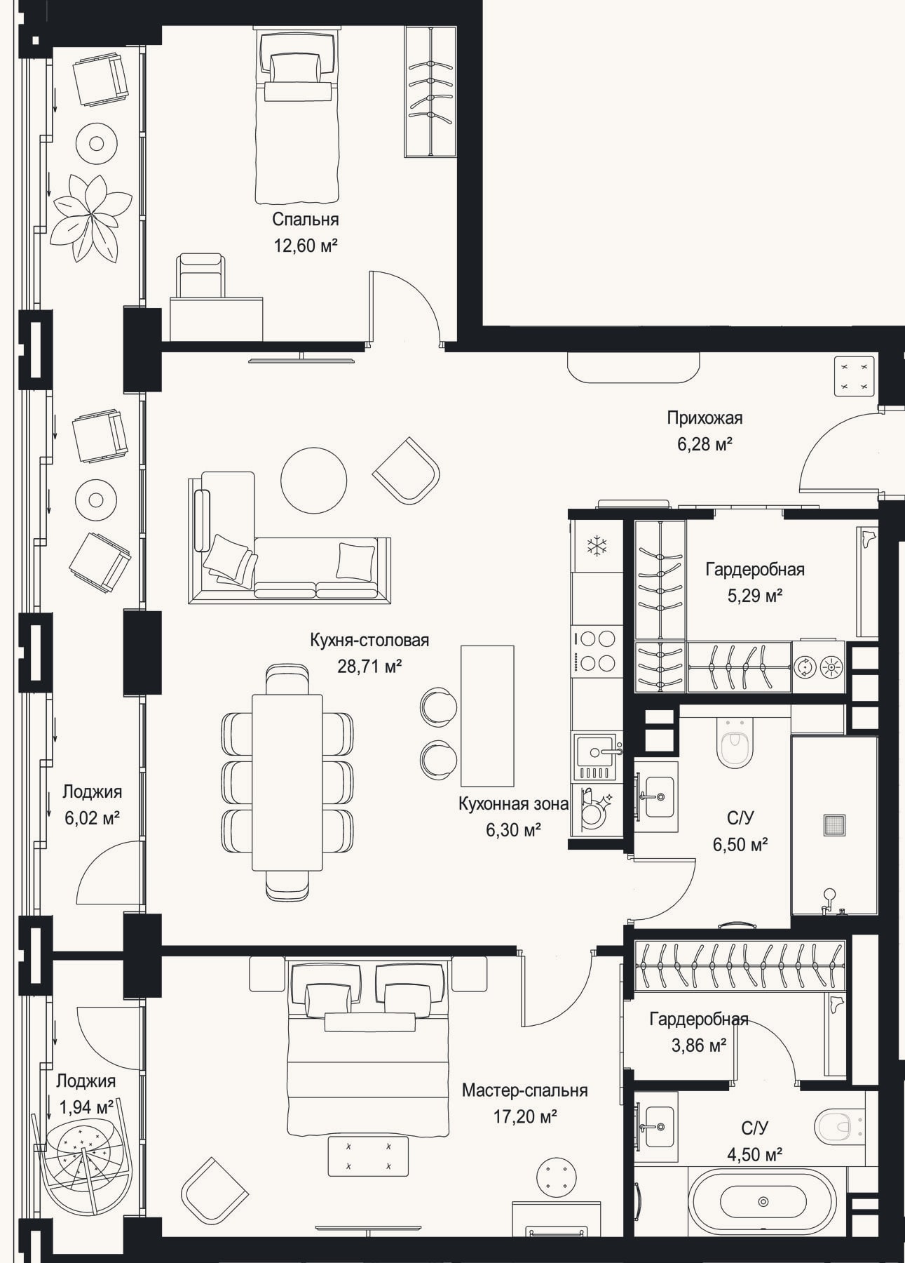 Планировка: 2-к, 91,2 м²