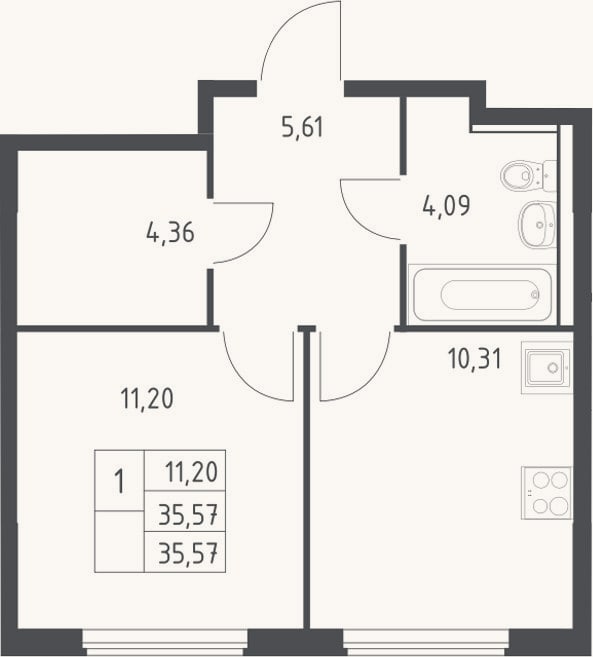 Планировка: 1-к, 35,6 м²