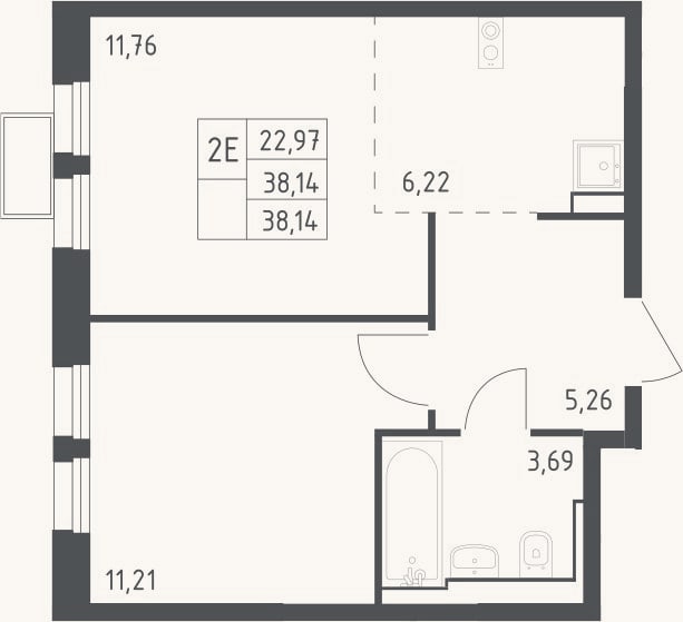 Планировка: 2-к, 38,1 м²