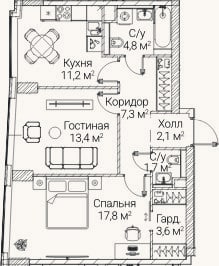 Планировка: 2-к, 61,6 м²